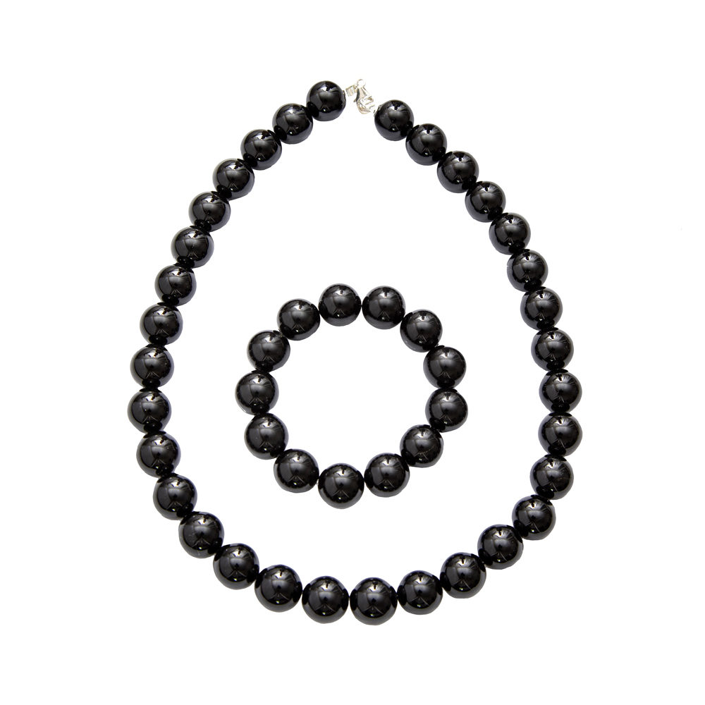 parure agate noire pierres boules 14mm