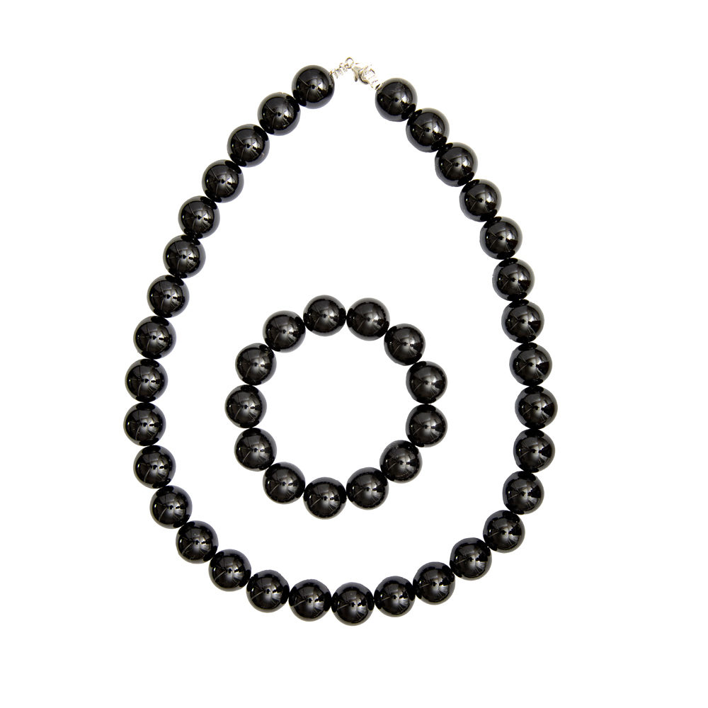 parure agate noire pierres boules 14mm