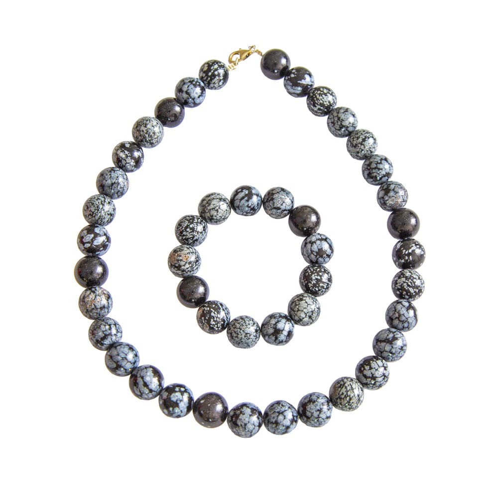parure obsidienne neige pierres boules 14mm