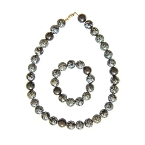 parure obsidienne neige pierres boules 14mm