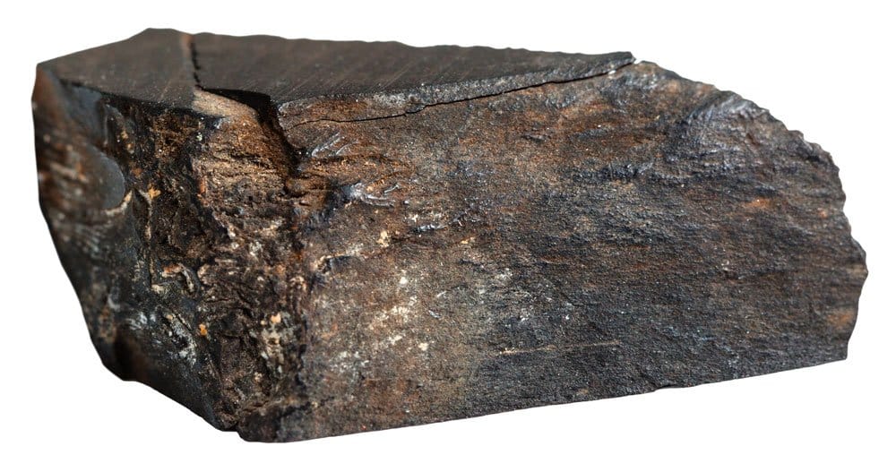Jaïs — lignite fossile compact formé par la fossilisation du bois sous pression marine, éclat vitreux noir intense