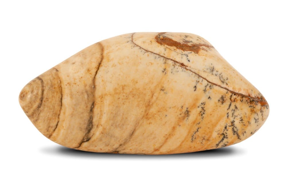Origine et composition de la pierre jaspe paysage — quartz microcristallin aux motifs dendritiques