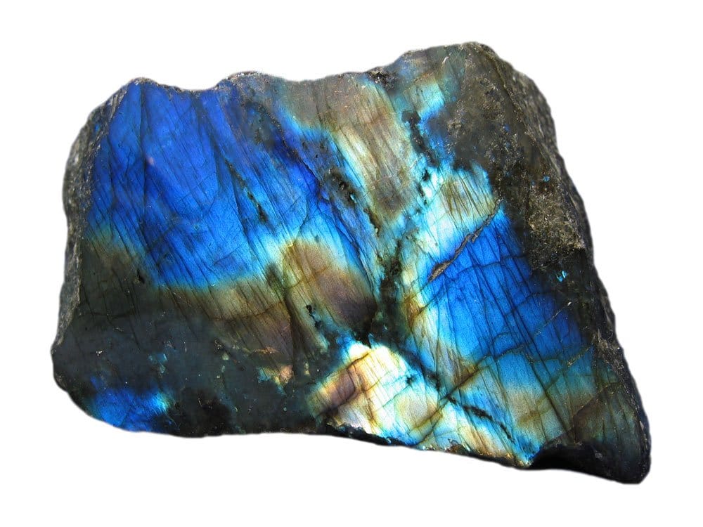 Pierre spectrolite polie révélant son spectre complet de couleurs — origine et composition feldspath plagioclase