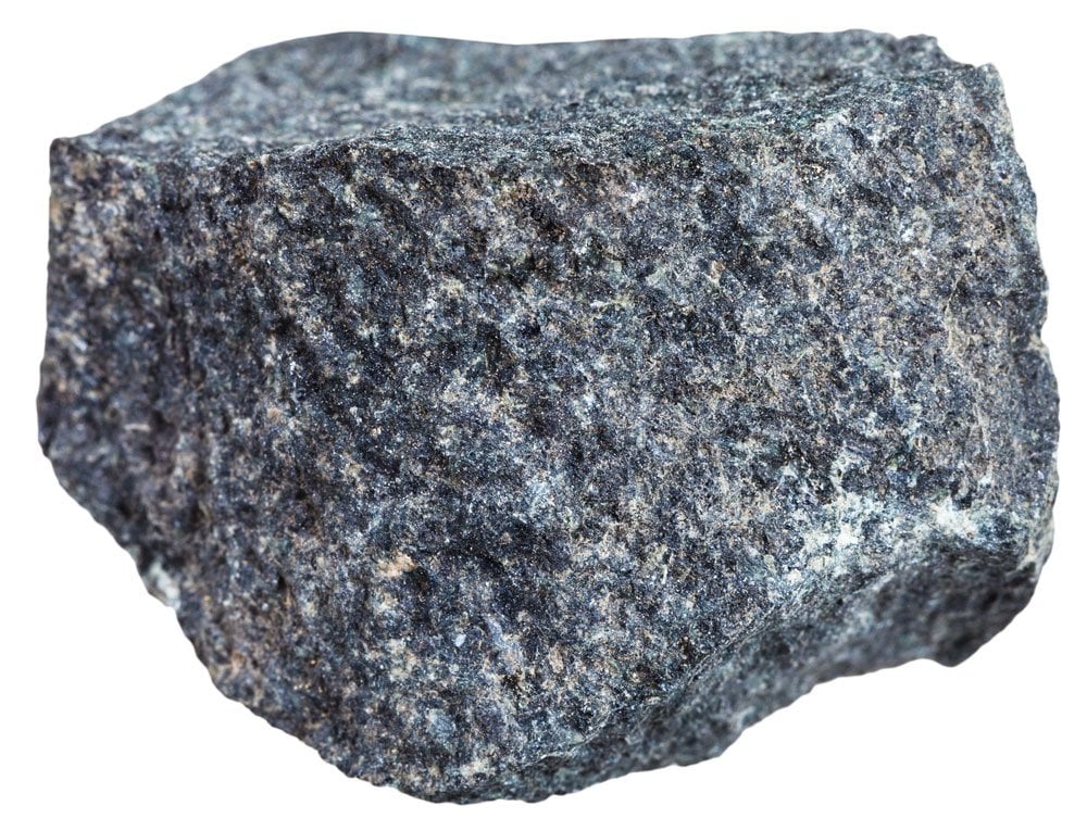 Gabbro naturel brut noir d'Afrique du Sud - roche magmatique profonde, composition feldspath pyroxène olivine