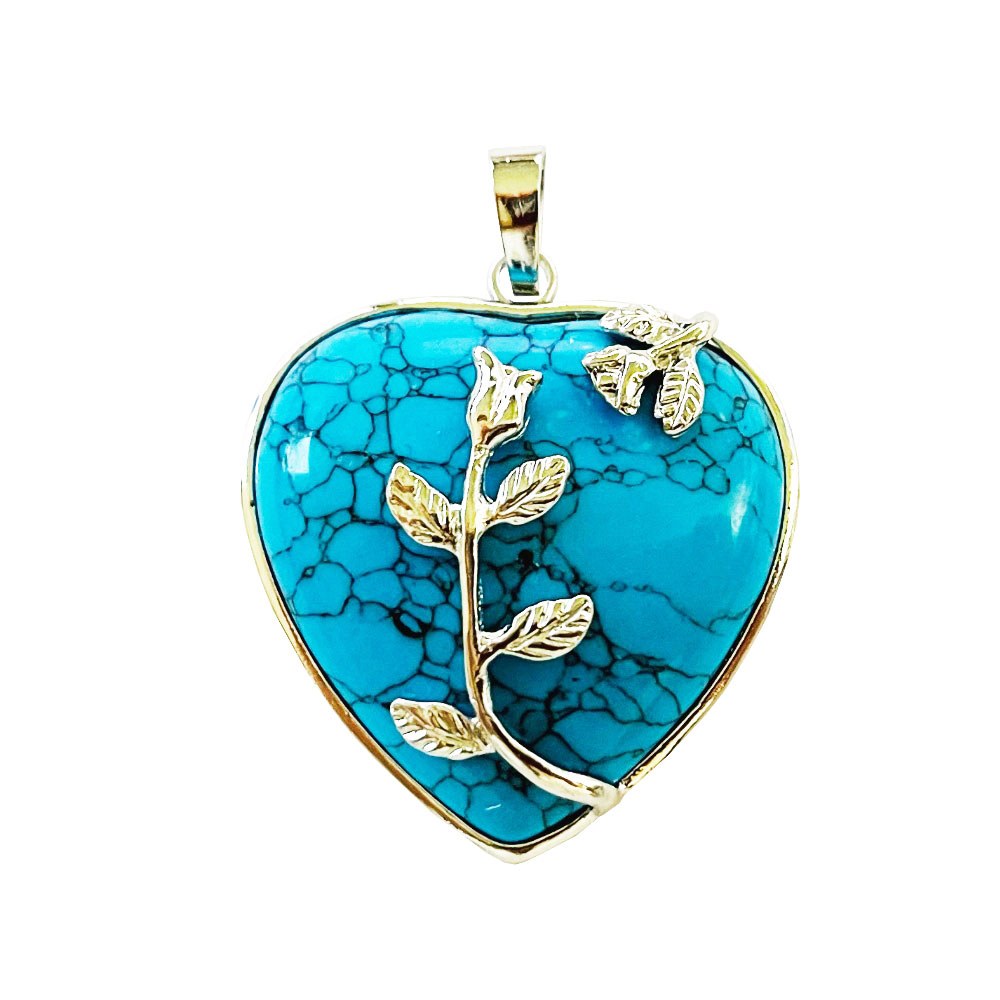 Pendentif Howlite bleue - Coeur fleuri
