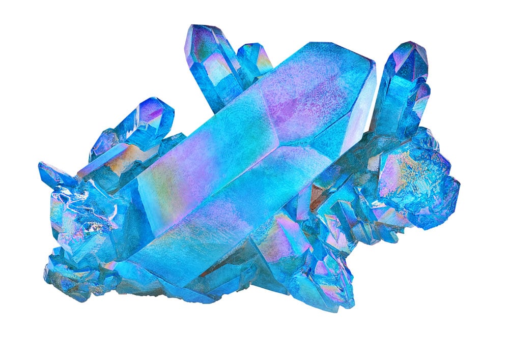 Aqua Aura polari — quartz cristallin bleu turquoise or dépôt, traitement CVD vacuum chambre 871°C origine ateliers USA Inde Brésil