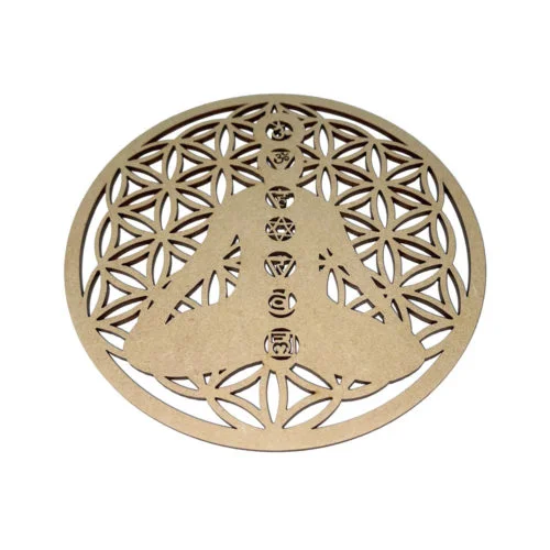 Plaque de rechargement Fleur de Vie 7 Chakras - Bois sculpté
