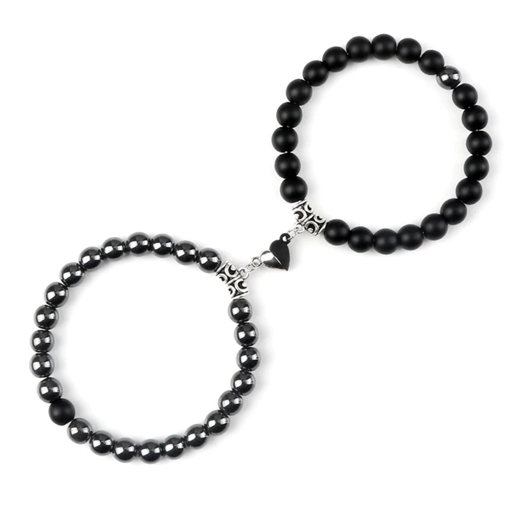 Bracelets de Couple - Coeur Yin-Yang - Hématite et Onyx mat - 19cm