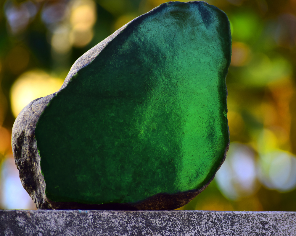 Buddstone brute dans sa matrice, cristaux verts profonds étincelant sous la lumière naturelle d'Afrique du Sud, témoin de 3,5 milliards d'années d'histoire géologique