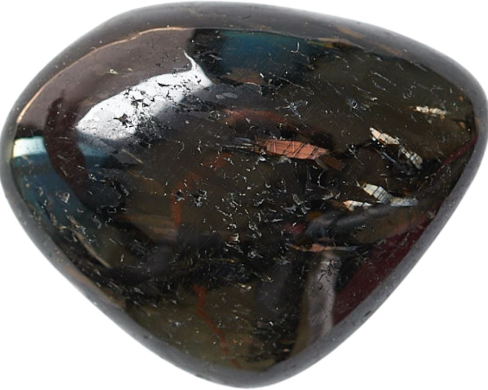 Pierre nuummite noire avec éclats iridescents dorés - histoire du sorcier groenlandais 3 milliards d'années