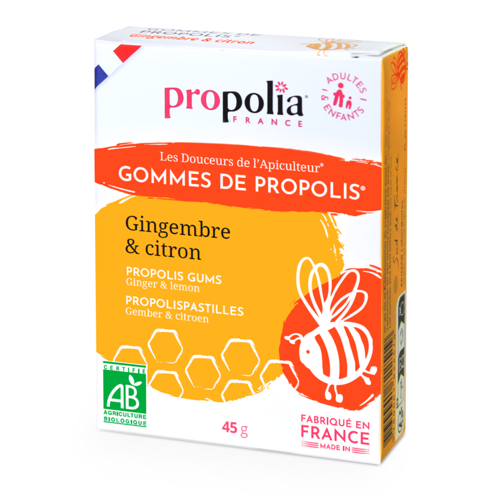 Gommes de Propolis, Gingembre & Citron - Apaise la gorge et rafraîchit l'haleine - 100% naturel - Boite 45 g