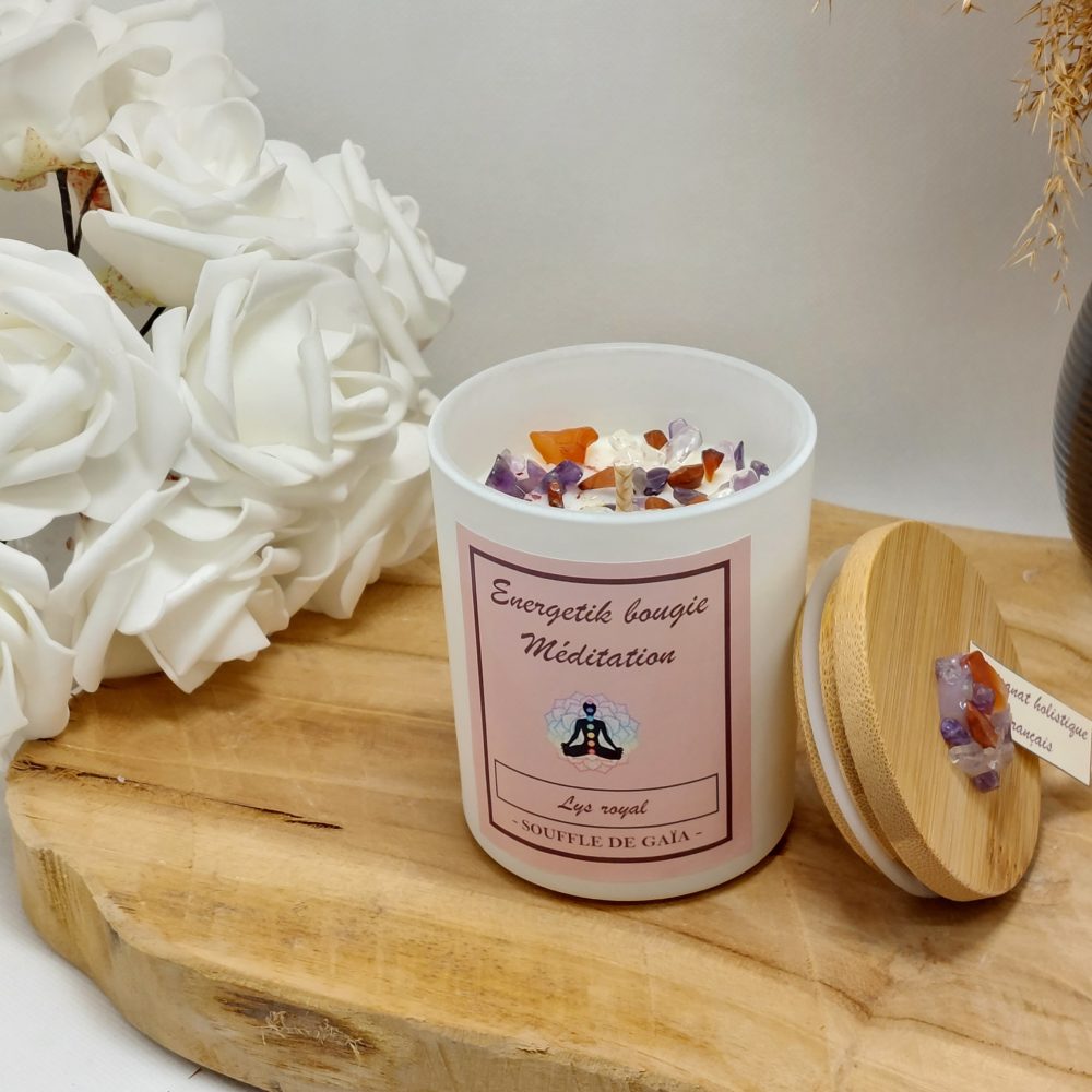 Bougie lithothérapie méditation senteur lys royal