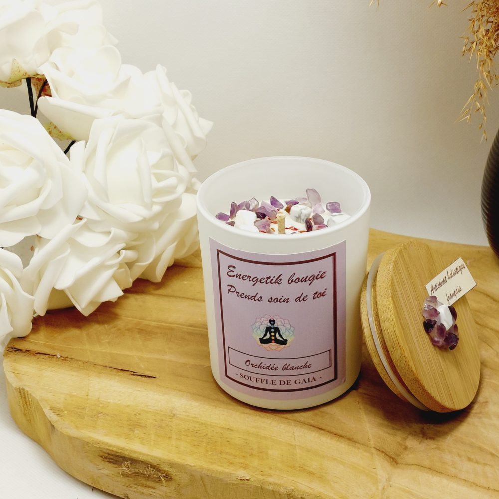 Bougie lithothérapie prends soin de toi senteur orchidée blanche