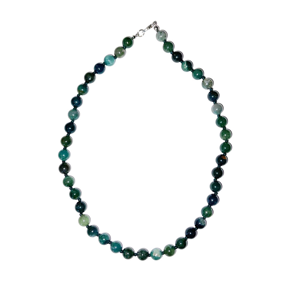 Collier Agate mousse - Pierres boules nouées 8mm - 45cm