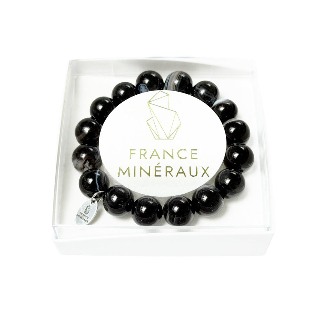 Bracelet Agate Noire Zonée – Perles de 12mm