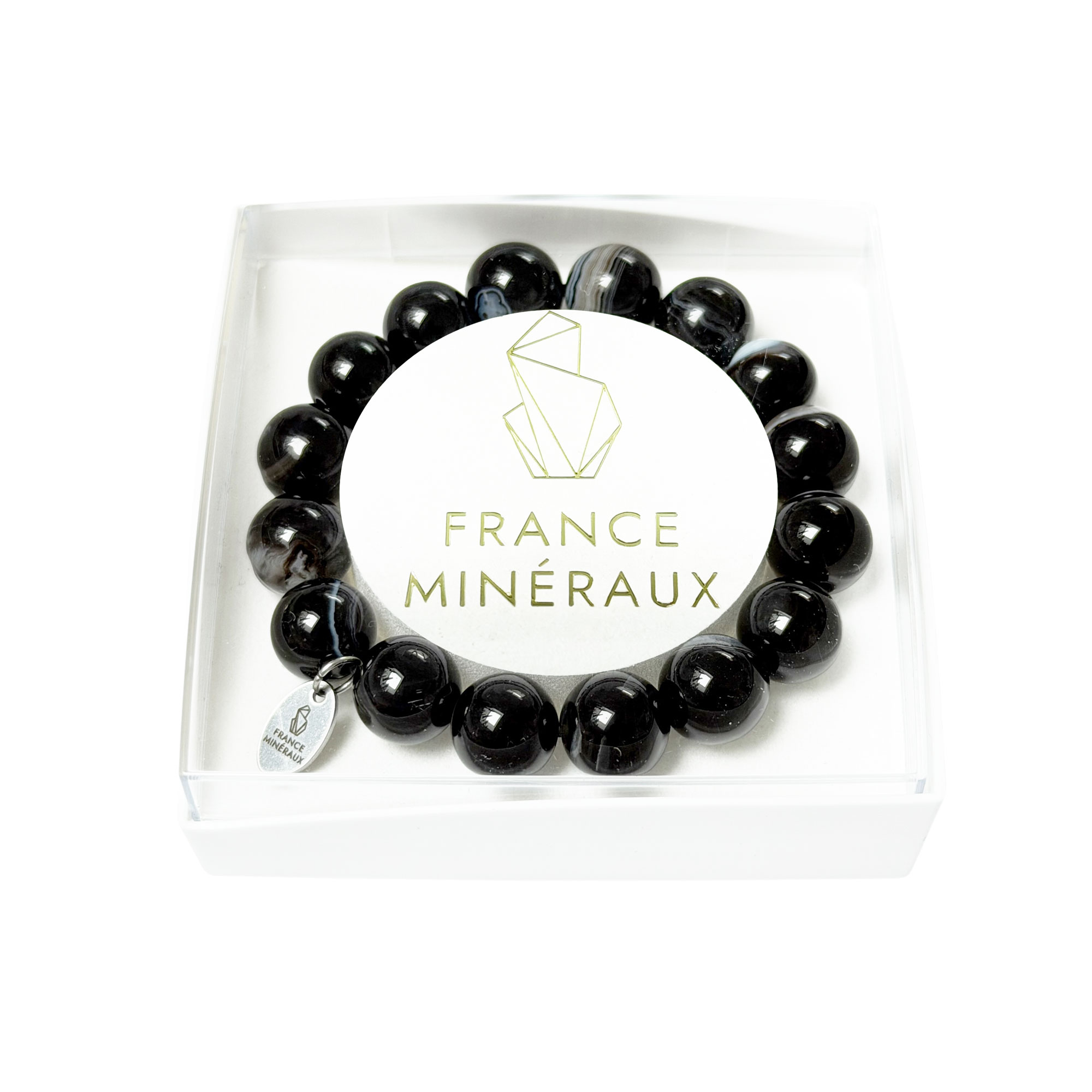 Bracelet Agate Noire Zonée - Perles de 12mm