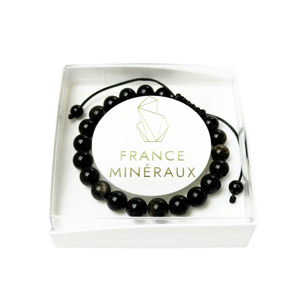 Bracelet Obsidienne dorée  – Pierres boules 8mm cordon ajustable