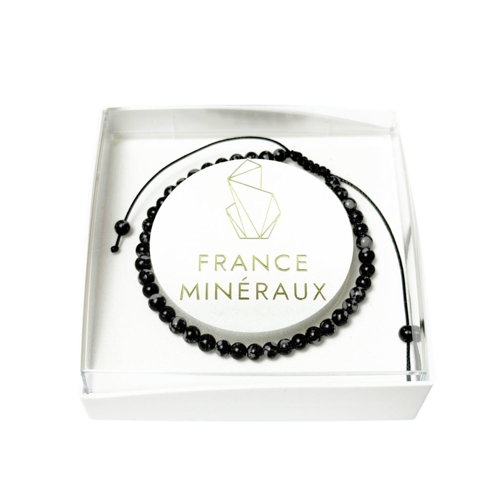 Bracelet Obsidienne neige – Pierres boules 4mm cordon ajustable