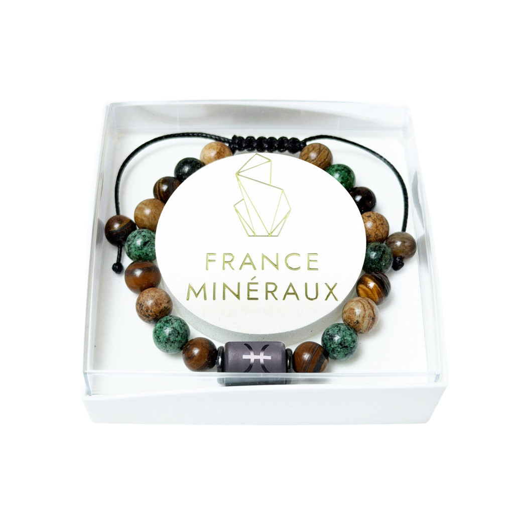 Bracelet Poissons – Oeil de tigre, Turquoise, Jaspe – Cordon ajustable