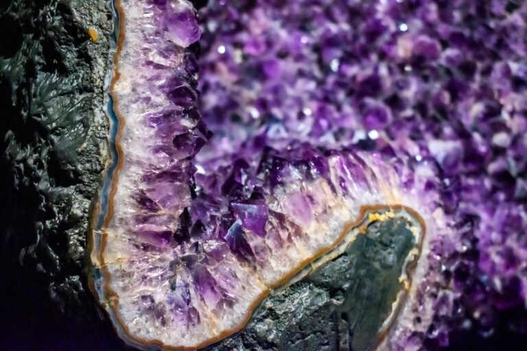 Coupe d'une géode d'améthyste tapissée de cristaux violets