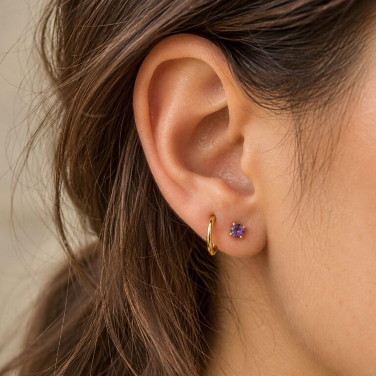 Oreille portant une puce améthyste et un petit anneau doré